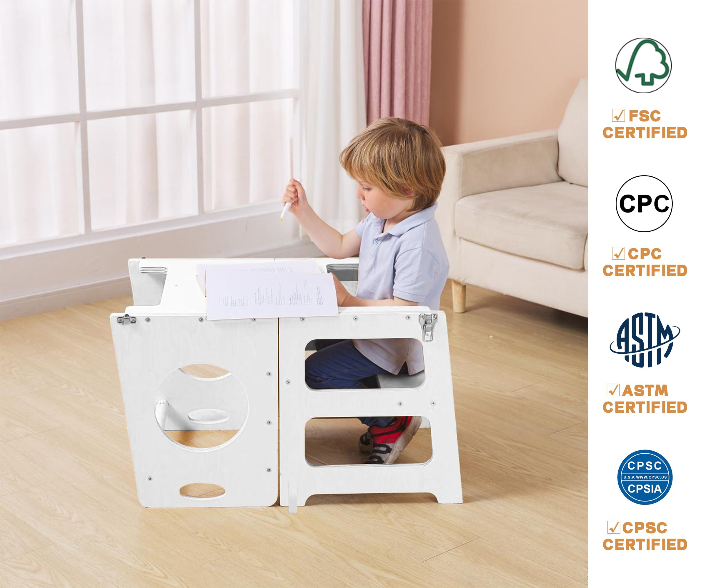 Lora Dew White 4-in-1 Montessori Learning Tower with Chalkboard